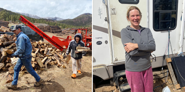 Lumberjack Patrick Griego, tossing logs into the back of his truck, said his company will lose up to $700,000 a year because of the Hermits Peak/Calf Canyon fire. Displaced Mora County resident Kathryn Uehlein has been living out of a donated RV for the past year after her home burned in the wildfire. 