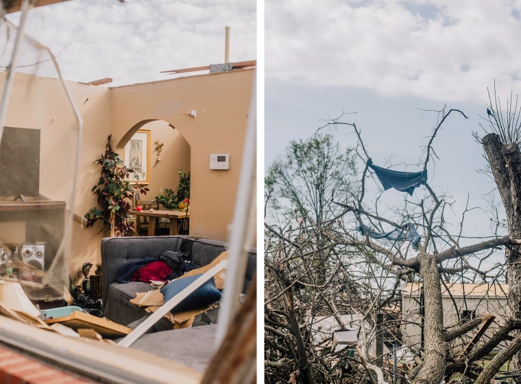 A damaged home, left, in Rolling Fork, Miss., on March 26, 2023. Downed trees behind James Anderson's home, right.