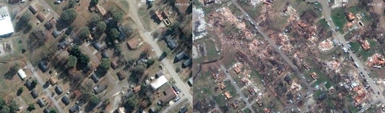 Satellite images show homes along Walnut and Mulberry street in Rolling Fork, Miss.,