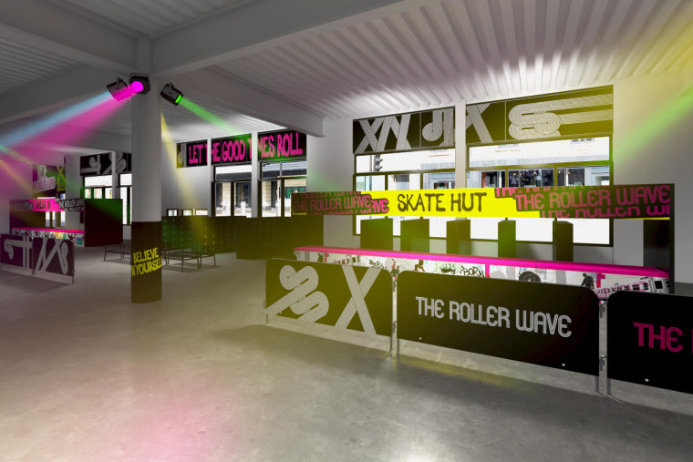 A rendering of the interior of Roller Wave House BK, which features lockers, skate rentals, and plenty of space to skate.