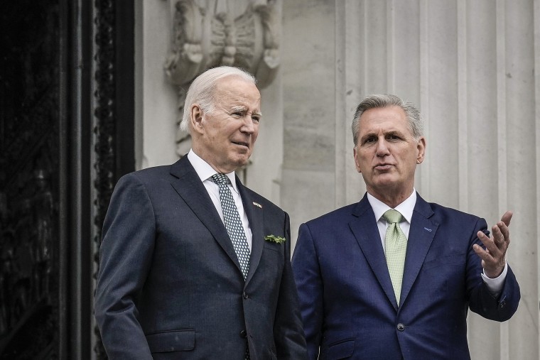Image: President Joe Biden and Speaker of the House Kevin McCarthy depart the Capitol on March 17, 2023.