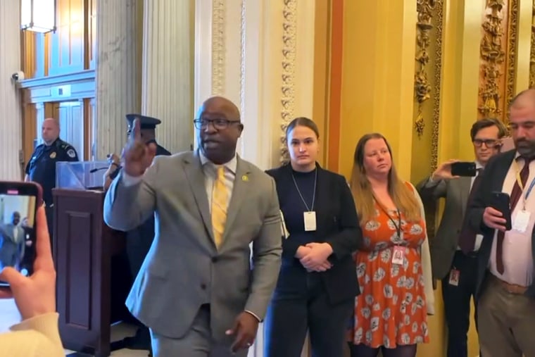 Rep. Jamaal Bowman, D-N.Y., speaks about gun violence off House floor at the U.S. Capitol, on March 29, 2023.