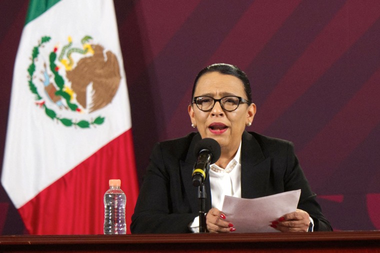 Mexico's Secretary of Security and Citizen Protection, Rosa Icela Rodriguez, speaks during a press conference at the National Palace in Mexico City on March 29, 2023. - The deaths of 39 migrants in a fire at a Mexican detention center are being investigated as suspected homicides, a prosecutor said Wednesday, accusing those in charge of doing nothing to evacuate the victims. (Photo by CLAUDIO CRUZ / AFP) (Photo by CLAUDIO CRUZ/AFP via Getty Images)