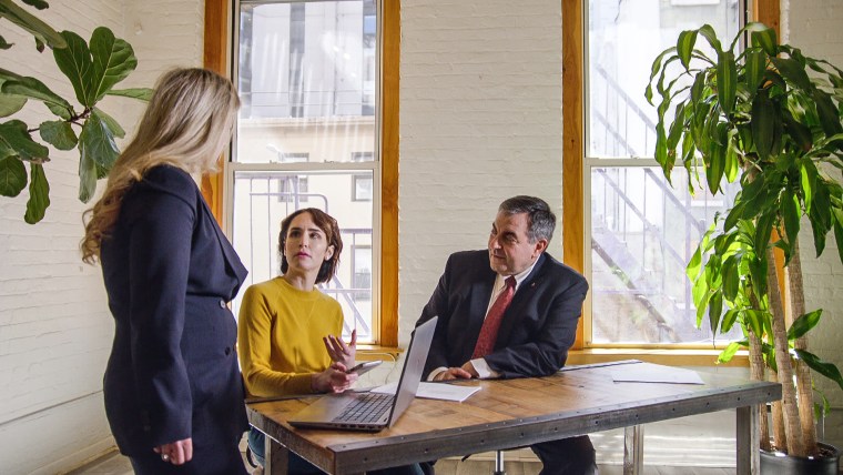 Abby Grossberg, center, with attorneys Kimberly Catala and Gerry Filippatos.