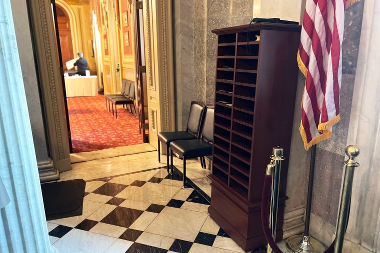 A new cabinet stands where service personnel must register their phones before entering the LBJ room in the US Capitol, the room where the Republican lunch was reportedly recorded.  Security officials at the United States Capitol have instituted new protocols for contractors and service personnel, including requiring workers to leave cellphones in cabinets outside the venue before going into lunches.