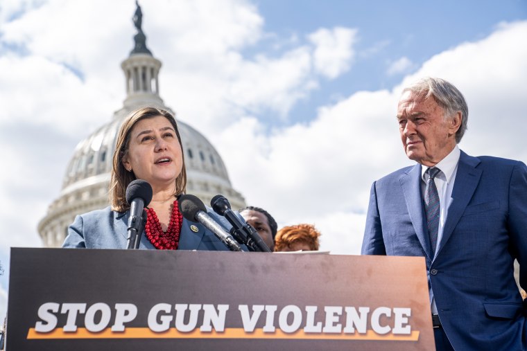 Rep. Elissa Slotkin, D-Mich., and Sen. Edward Markey, D-Mass., call for gun control outside the Capitol on March 29, 2023.