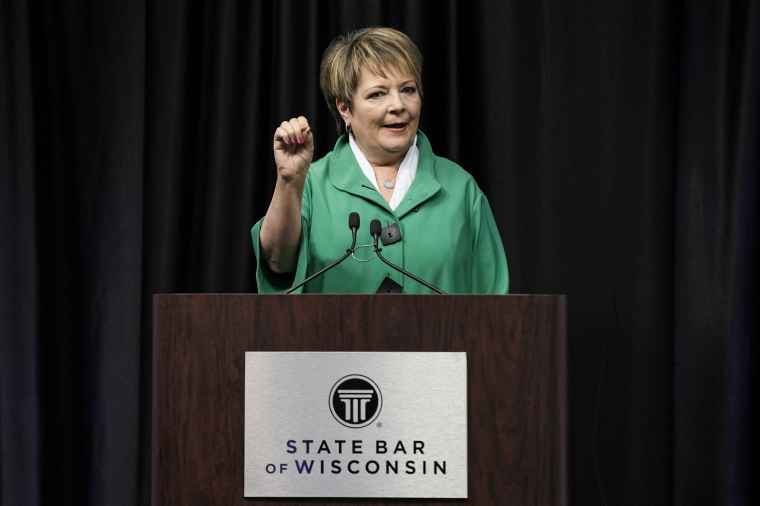 Wisconsin Supreme Court candidate Janet Protasiewicz partakes in a debate on March 21, 2023, in Madison.