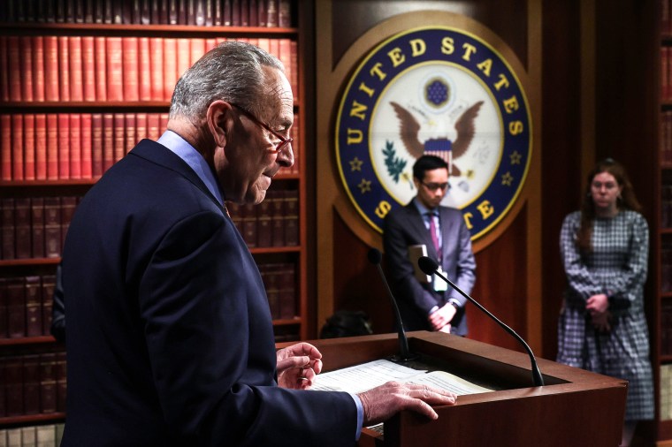 Image: Senate Majority Leader Sen. Chuck Schumer, D-N.Y., speaks during a news conference at the U.S. Capitol on March 30, 2023.