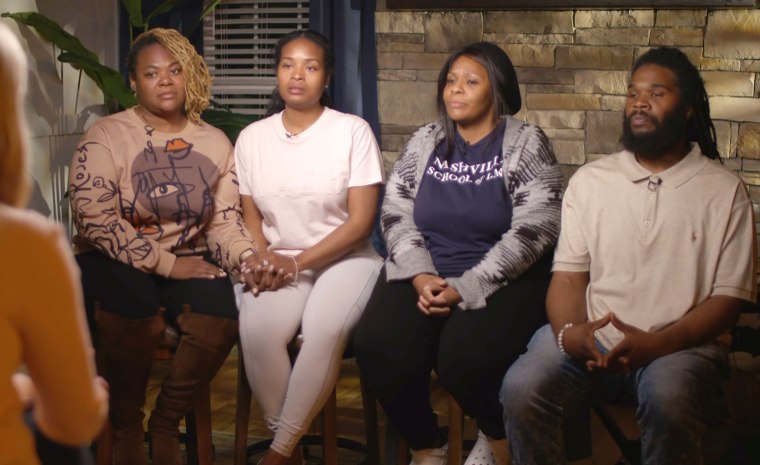Catie Beck interviews members of Michael Hill's family: from left, Brittany Hill, Tawana Garner, Marquita Oglesby and Joshua Smith.