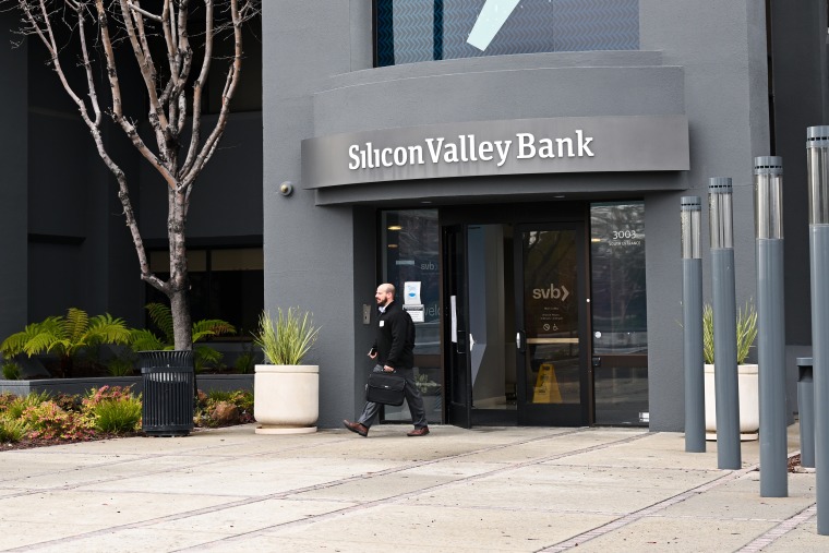 A person leaves the Silicon Valley Bank headquarters