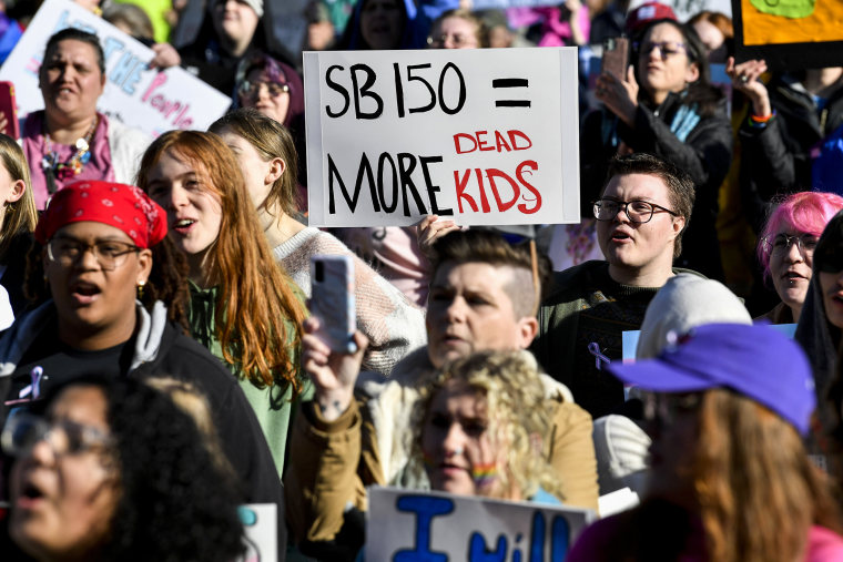 People protest Kentucky Senate bill SB150, known as the Transgender Health Bill, in Frankfort on March 29, 2023.