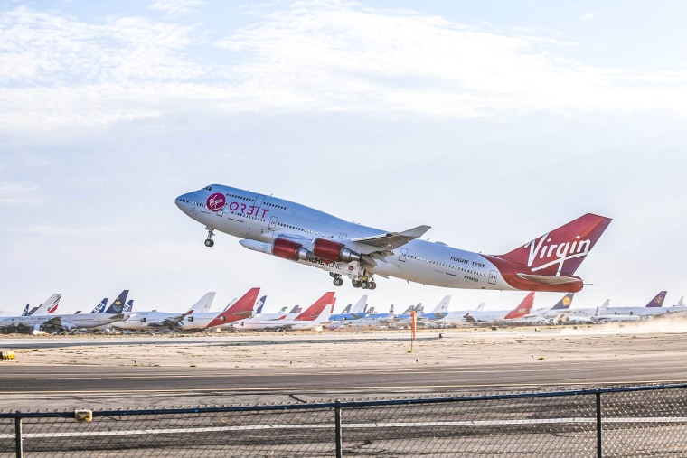 Virgin Orbit's carrier aircraft Cosmic Girl takes off from Mojave Air and Space Port in California with LauncherOne underwing for the company's Tubular Bells: Part One mission on June 30th, 2021.
