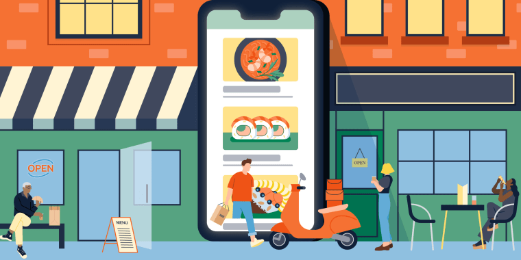 Illustration: A phone screen showing a food delivery app in the middle of a busy block of restaurants.