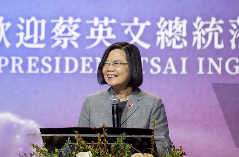 Taiwan's President Tsai Ing-wen speaks during a dinner reception in New York