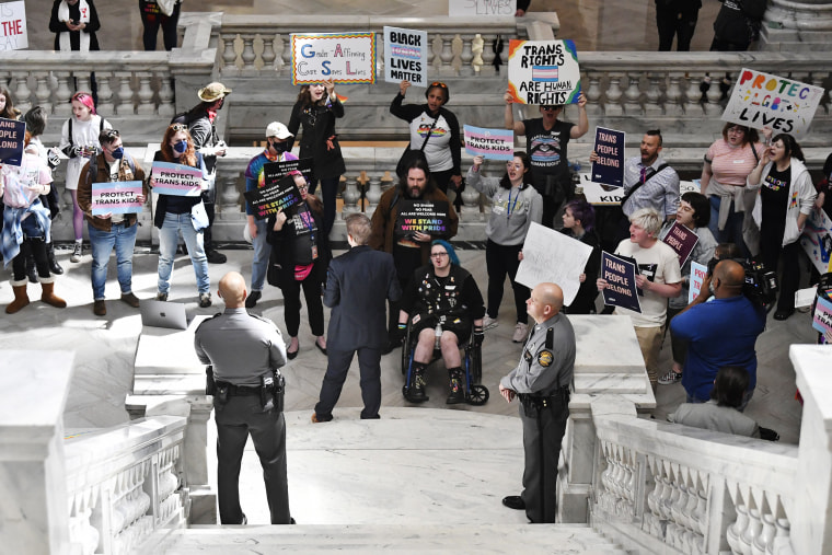 Protesters of Kentucky Senate bill SB150 gather at the steps of the Senate chamber on March 29, 2023. 