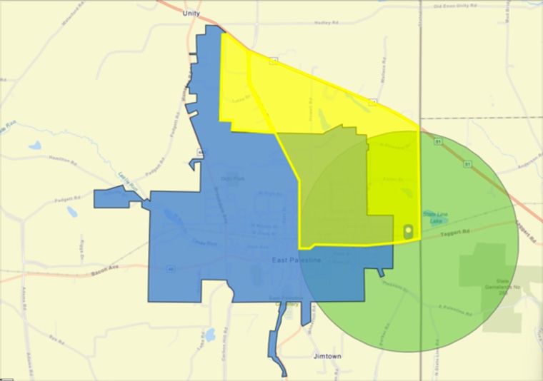 A map of the eligible areas for relocation reimbursement in and around East Palestine, Ohio. Green is the original evacuation zone, blue is the village of East Palestine, and yellow is an additional area affected by ongoing remediation work.