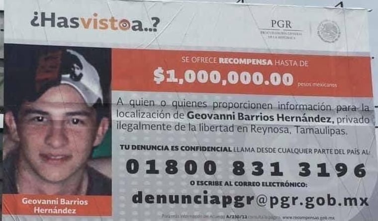 Un cártel con la imagen de Giovanni Barrios Hernández en el que se pide información sobre su paradero y se ofrece una recompensa de hasta 50,000 dólares.