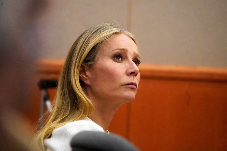 Gwyneth Paltrow sits in court, on March 22, 2023, in Park City, Utah where she is accused of injuring another skier, leaving him with a concussion and four broken ribs.