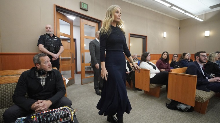 Gwyneth Paltrow enters the courtroom for her trial on March 24, 2023, in Park City, Utah. Terry Sanderson is suing actress Gwyneth Paltrow for $300,000, claiming she recklessly crashed into him while the two were skiing on a beginner run at Deer Valley Resort in Park City, Utah in 2016. 
