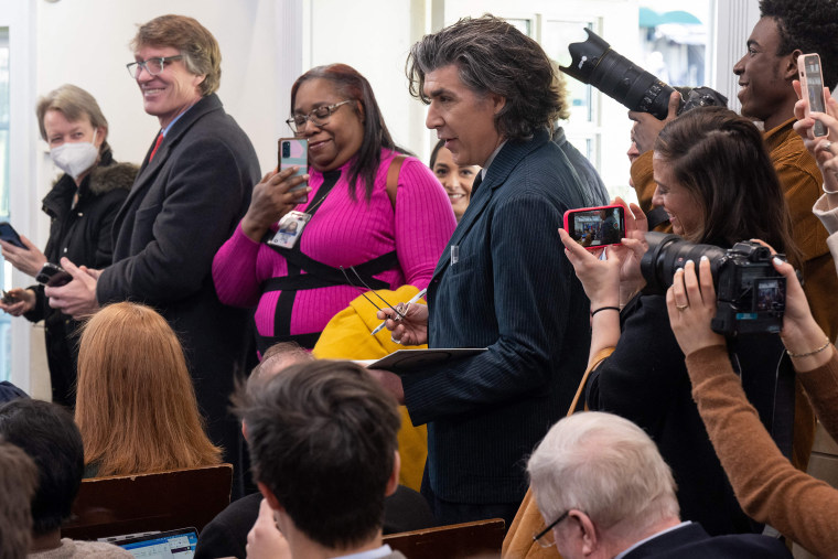 English actor James Lance, who plays journalist Trent Crimm on the television show "Ted Lasso", asks a question to US actor Jason Sudeikis, not pictured, during the daily briefing in the James S Brady Press Briefing Room of the White House in Washington, DC, on March 20, 2023. - The cast of Ted Lasso is meeting with US President Joe Biden today to discuss the importance of addressing mental health to promote overall well-being.