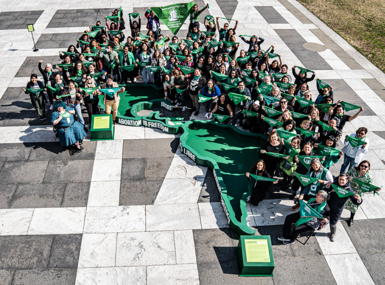 Una veintena de mujeres sostienen un pañuelo verde, el símbolo latinoamericano del movimiento por el derecho al aborto, formando entre ellas una estructura como la del mapa de las Américas