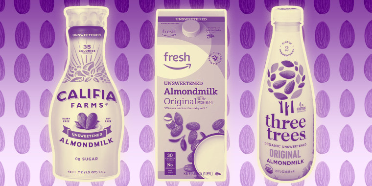 Photo Illustration: Califia Farms Unsweetened Almond Milk, Fresh Unsweetened Original Almond Milk and Three Trees Organic Unsweetened Original Almond Milk over a purple background with rows of almonds.