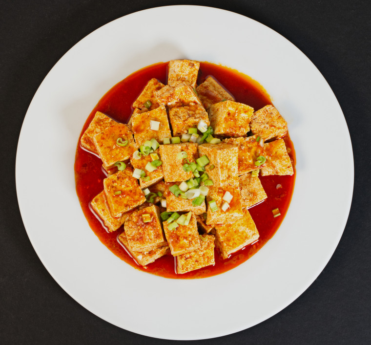 Spicy Tofu with red sauce.