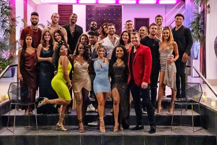 (L to R, B to F) Bartise Bowden, Will Richardson, Zay Wilson, Calvin Crooks, Ines Tazi, Nick Uhlenhuth, Joey Sasso, Kariselle Snow, Mitchell Eason, Chase Demoor, Izzy Fairthorne, Abbey Humphreys, Francesca Farago, Georgia Hassarati, Dom Gabriel, Lauren “LC” Chamblin, Shayne Jansen, Chloe Veitch, Diamond Jack, Colony Reeves, Savannah Palacio, Anne-Sophie Perite-Frere, Damian Powers from episode 10 of "Perfect Match."