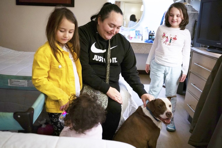 Chloe Kelly, 7, left, Shantel Kelly, 1, mother Janet Kelly, 40, and Zoey Kelly, 9, play with their family dog named Blue
