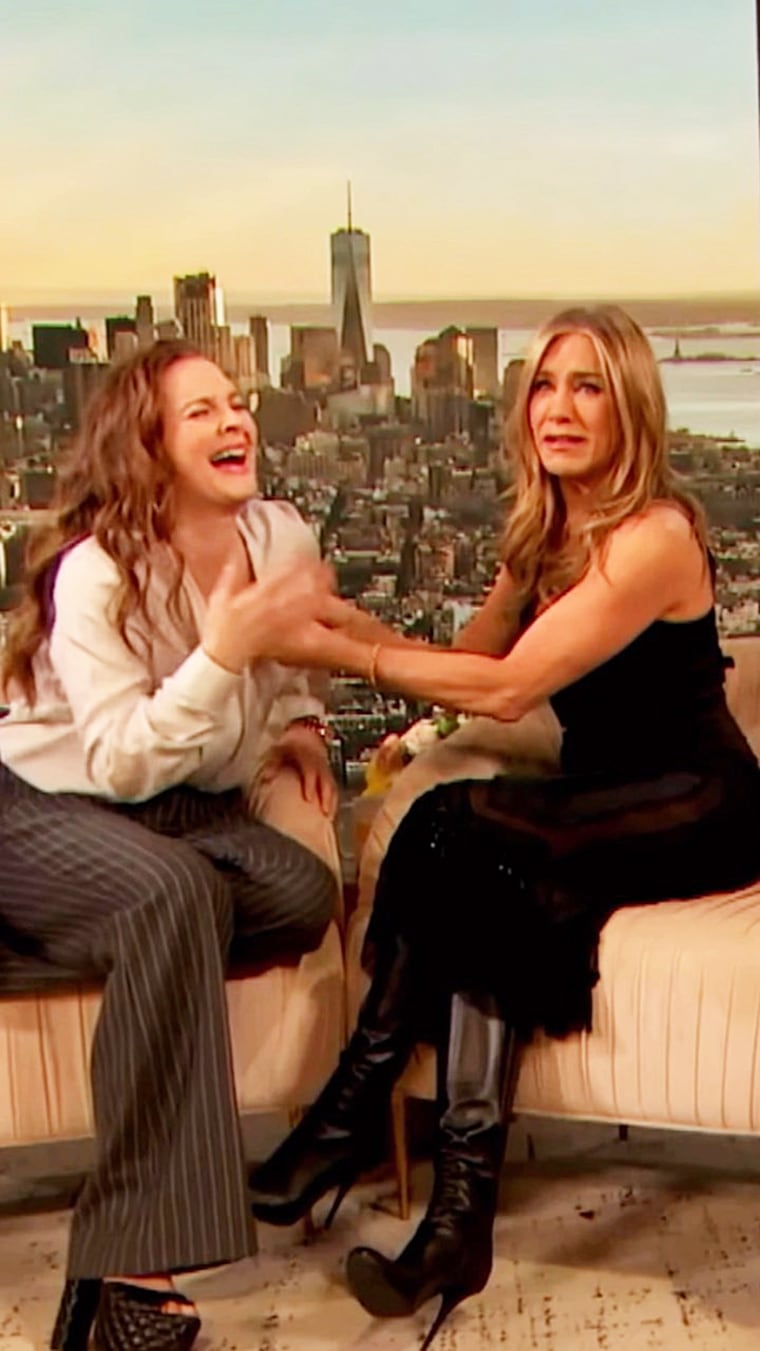 Jennifer Aniston, right, helped Drew Barrymore experience her first hot flash during an episode of "The Drew Barrymore Show."