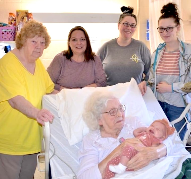 Six generations of women in one family. MaeDell is in the center holding great-great-grandchild Zhavia, and from left to right above her: her daughter Frances is in yellow, Gracie, Jacqueline, and new mom Jaisline.