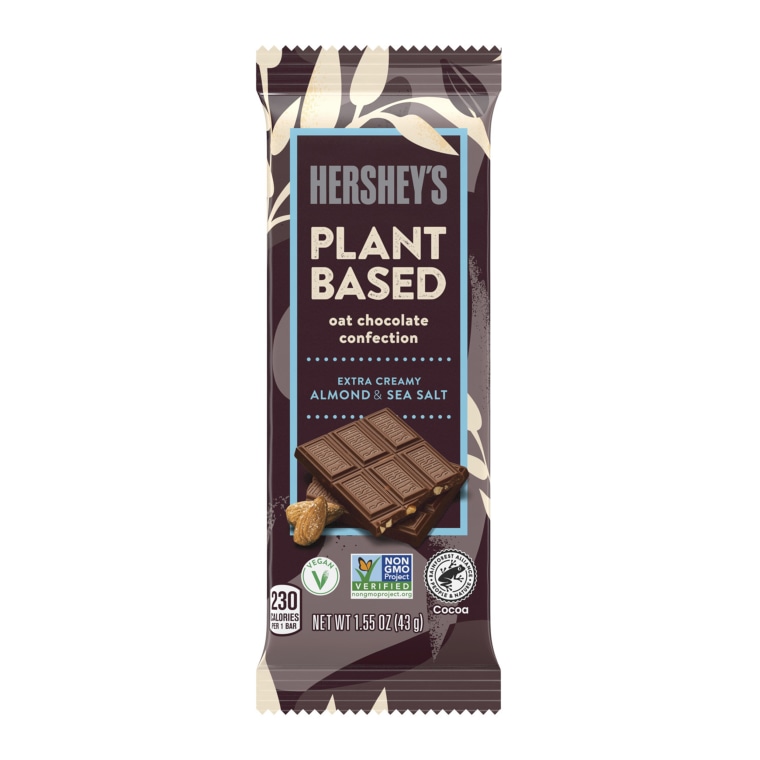 Hershey’s plant-based extra creamy oat chocolate confection with almonds and sea salt.