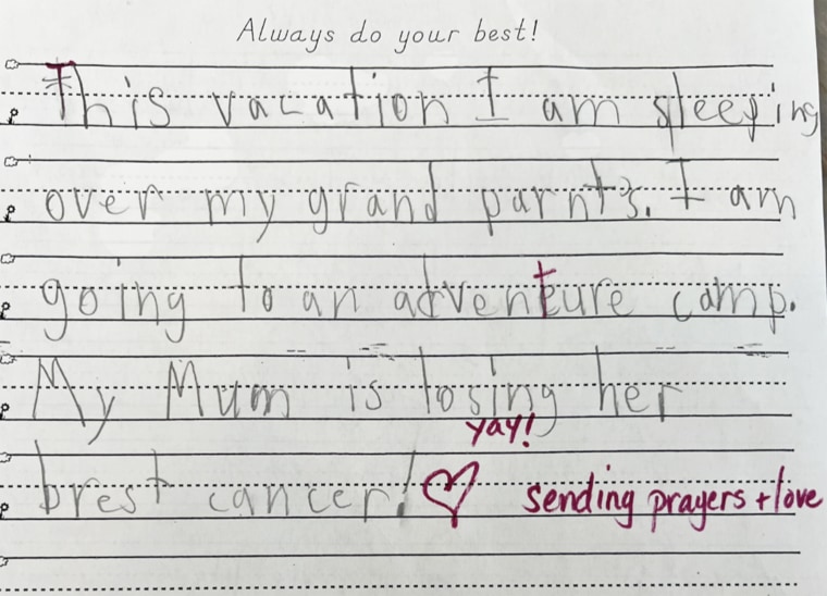 A note from my son's school. I was thrilled when his teacher told me how positive he'd been about my journey with breast cancer.