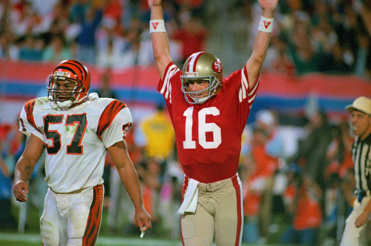 Joe Montana celebrates touchdown pass in 1989 Super Bowl