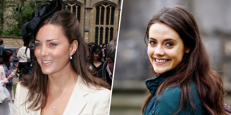 (Left) Kate Middleton in  June 2005. (Right) Meg Bellamy, who plays the former Kate Middleton while filming for the series.
