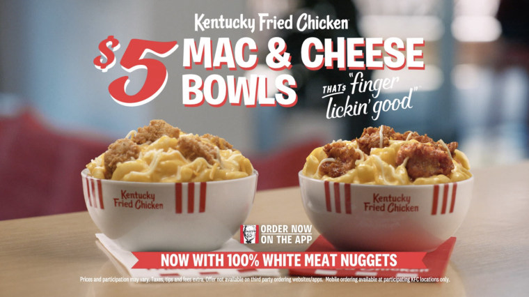  $5 KFC Mac & Cheese Bowls are back starting April 3, with new KFC
Nuggets and KFC's cheddar mac & cheese — all topped with a three-cheese blend .