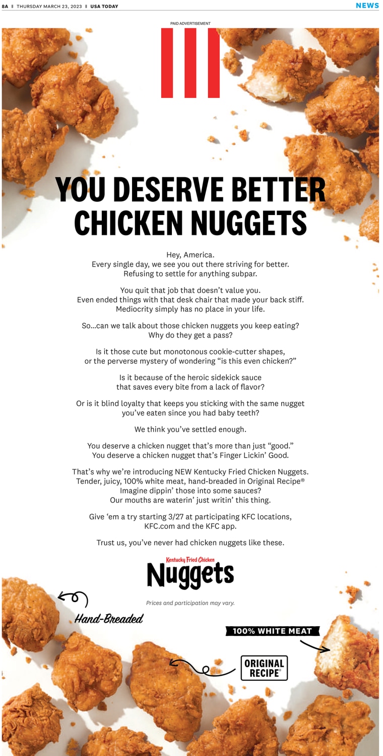  KFC's letter, titled “You Deserve Better Chicken Nuggets,” which appeared in USA Today on March 23.