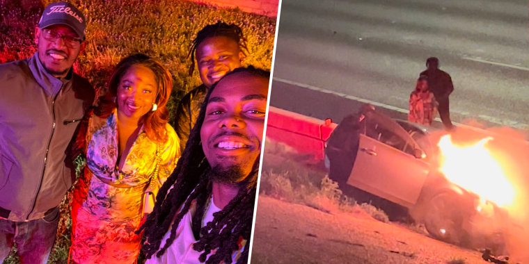 On the left, football player K.J. Osborn and the three other good Samaritans who helped rescue the driver take a photo. On the right, the car is fully engulfed in flames.