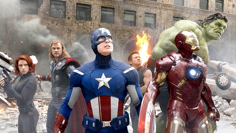 THE AVENGERS 2012 Marvel film with from left: Scarlett Johansson (Black Widow), Chris Hemsworth (Thor) , Chris Evans (Captain America), Clint Barton (Hawkeye), Iron Man (Anthony Stark), Mark Ruffalo (The Incredible Hulk),
