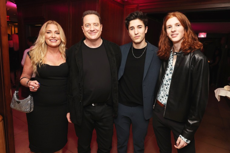 Jeanne Moore, Brendan Fraser, Holden Fletcher Fraser, and Leland Francis Fraser at the The CAA Pre-Oscar Party on March 10, 2023 in Los Angeles, CA.