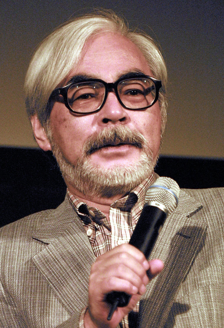 Director Hayao Miyazaki speaks during a press conference and screening of the film "Spirited Away"