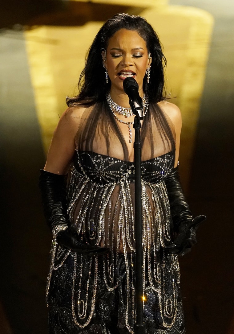 Rihanna performs "Lift me up" from "Black Panther: Wakanda Forever" at the Oscars on Sunday, March 12, 2023 in Los Angeles, CA.