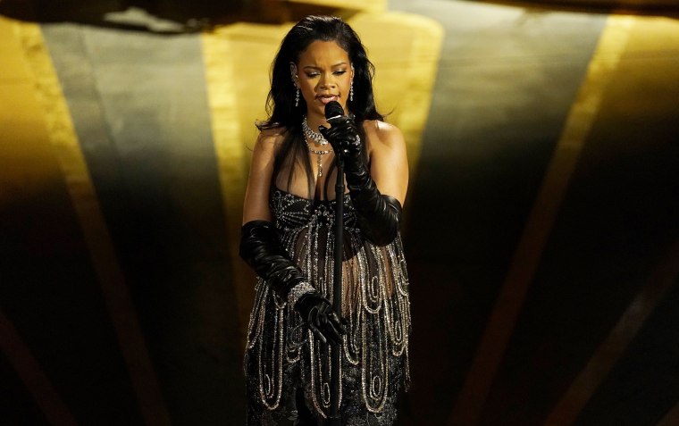 Rihanna performs "Lift me up" from "Black Panther: Wakanda Forever" at the Oscars on Sunday, March 12, 2023 in Los Angeles, CA.