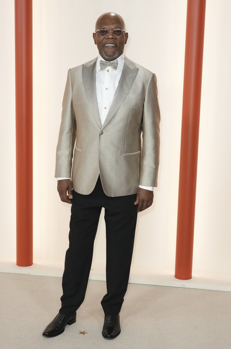 Samuel L. Jackson arrives at the Oscars on March 12, 2023 in Los Angeles.