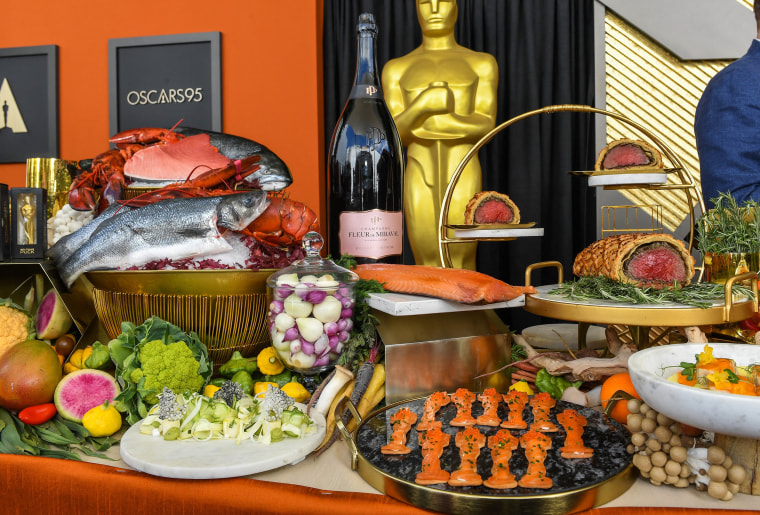 View of the food which will be served at the Governors Ball during the 95th Oscars at the preview of the 'Governors Ball', the celebration immediately following the Oscars at The Ray Dolby Ballroom in Hollywood, California, on March 7, 2023. - The 95th Academy Awards will be held at the Dolby Theater on March 12, 2023.