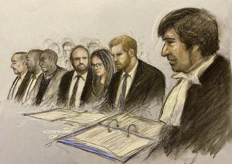 This court artist sketch by Elizabeth Cook shows Prince Harry, second right, in court at the Royal Courts Of Justice, central London, Monday, March 27, 2023.