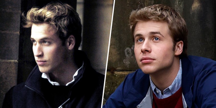(Left) Prince William Nov. 15, 2004, at the University of St. Andrews in Scotland. (Right) Actor Ed McVey as Prince William.