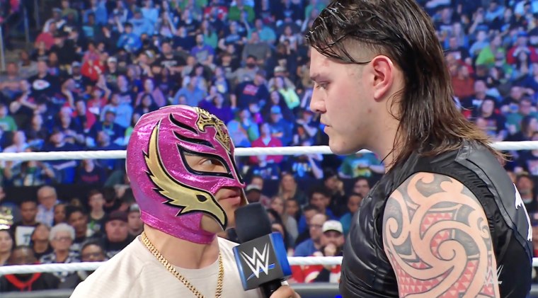 Rey Mysterio and son Dominik during SmackDown on March 17, 2023.