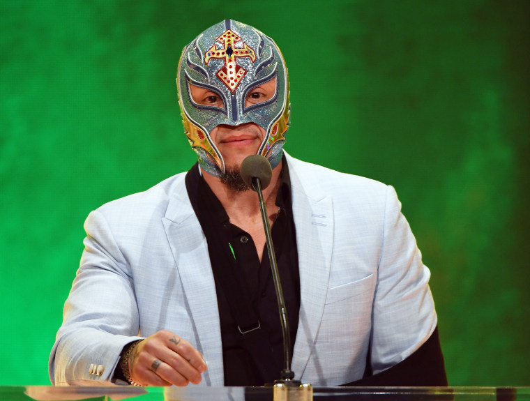 WWE wrestler Rey Mysterio speaks at a WWE news conference on October 11, 2019 in Las Vegas, NV.