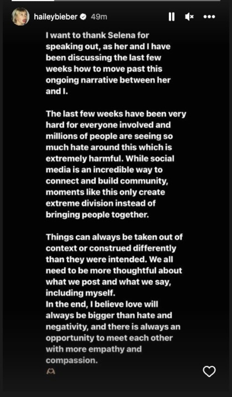 Hailey Bieber called for "more empathy and compassion" in a lengthy message on Instagram. 